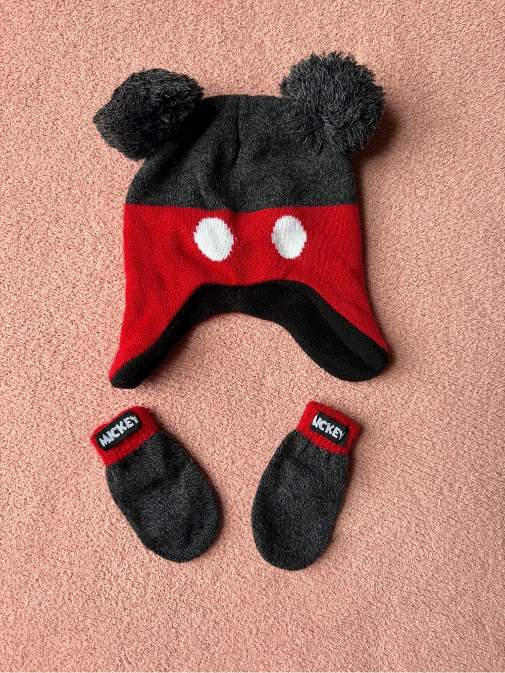 Disney Mickey Mouse Kids Pom-Pom Hat & Mittens Set - Red, Black, White